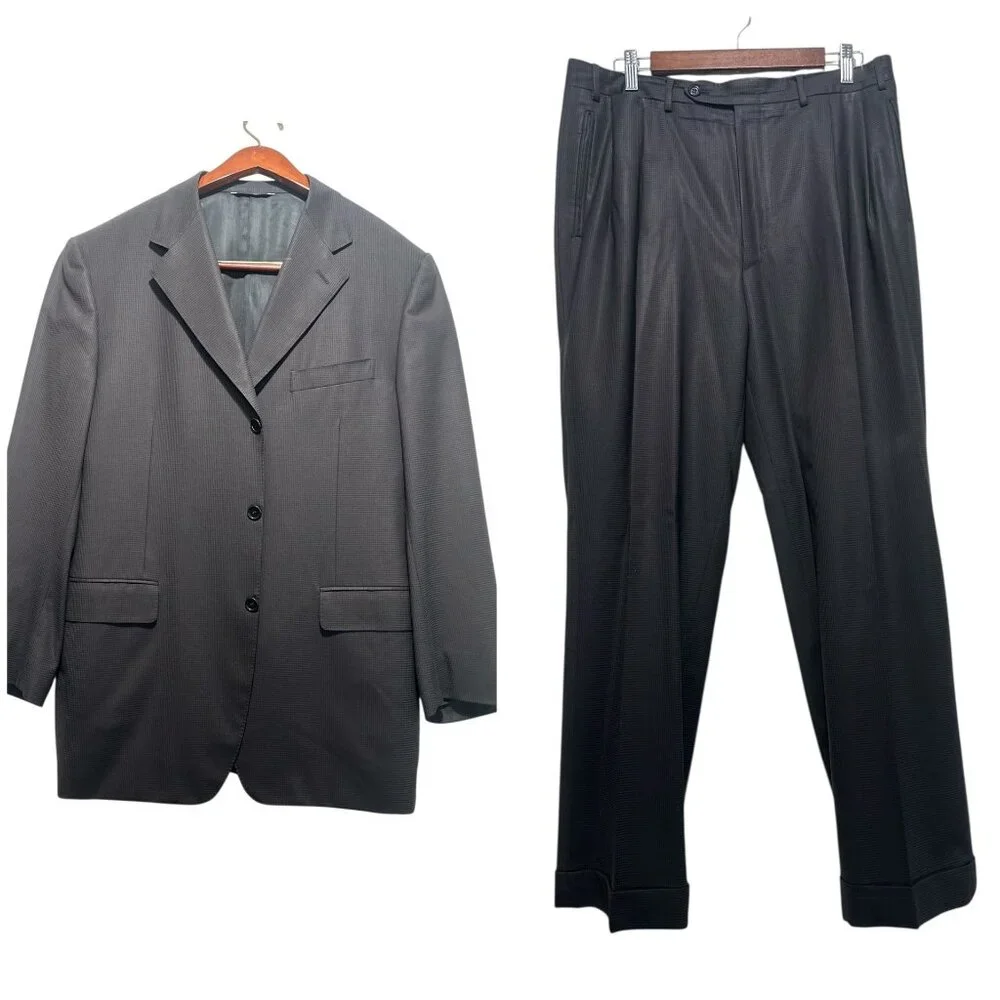 Canali 2 Piece Suit 3 Buttons Blazer Pleated Dress Pans Mens 52R Wool Inseam 30